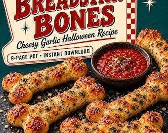 Cheesy Breadstick Bones Recipe PDF, Easy Halloween Appetizer, Printable Party Food
