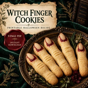 Puede incluir: Una receta imprimible de 9 páginas en PDF para galletas con forma de dedos de bruja. El documento incluye texto, ilustraciones de hierbas y un sello de cera rojo. Cuatro galletas con uñas de almendra y mermelada roja están en un plato.