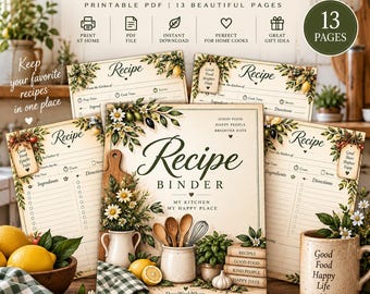 Printable Recipe Binder Pages, Family Recipes Book, Recipe Journal PDF, Kitchen Organizer