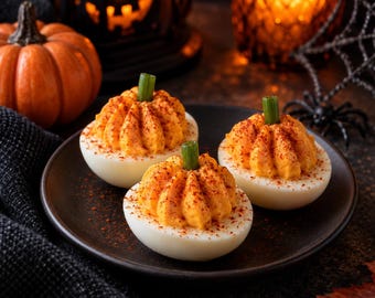 Halloween Pumpkin Deviled Eggs Recipe PDF, Spooky Party Appetizer, Instant Download