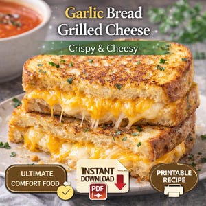 May include: A stack of grilled cheese sandwiches with melted cheese oozing out. The sandwiches are on a plate with a bowl of tomato soup in the background. Text on the image reads "Garlic Bread Grilled Cheese, Crispy & Cheesy, Ultimate Comfort Food, Instant Download PDF, Printable Recipe."