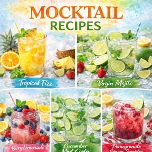 Puede incluir: Imagen vibrante que muestra cinco recetas de cócteles sin alcohol. La imagen presenta bebidas como Tropical Fizz, Virgin Mojito, Berry Lemonade, Cucumber Mint Cooler y Pomegranate Ginger Sparkler, adornadas con frutas y menta. El texto "MOCKTAIL RECIPES" está en la parte superior.