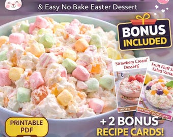 イースターフラッフサラダ + レシピカード2枚 - 簡単オーブン不要デザート - 春のパーティーのおやつ - 即時ダウンロード