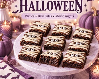 Mummy Brownies Recipe PDF, Easy Halloween Dessert, Printable Spooky Party Treat