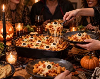 Eyeball Pasta Bake Recipe PDF, Spooky Halloween Dinner, Printable Party Meal