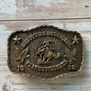 Vintage 1982 Western Belt Buckle, Pacerville CA; Horse + Rider, Eagles + Stars, Brass Tone, possibly GB Maker, Style 72-200