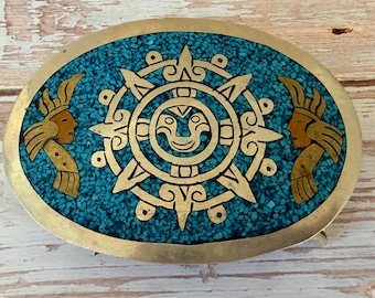 Vintage mexikansk mässingsbältesspänne turkosa chip inläggningar aztekisk solkalender Hecho en Mexico sydvästra västerländska boho cowboy accessoar