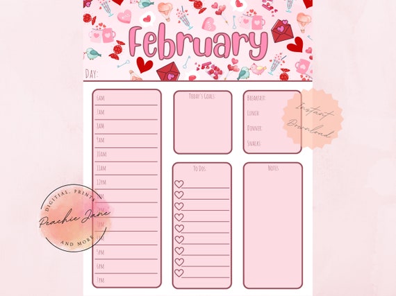 February Daily Planner, Printable Planner, February Theme  