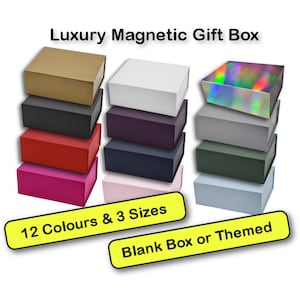May include: A stack of 12 different coloured magnetic gift boxes. The boxes are arranged in a pyramid shape. The boxes are available in 3 sizes. The text "12 Colours & 3 Sizes" and "Blank Box or Themed" is visible on the image.