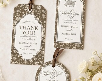 Brown Toile Rehearsal Dinner Favor Tags, Chocolate Brown Favor Tag Set, Vintage Brown Floral Thank You Tags, Printed and Shipped, WP2011-3