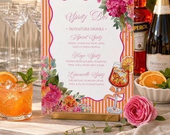 Orange Spritz Bar Menu Sign, Pink and Orange Floral Cocktail Bar Sign, Bright Spritz Cocktail Party Decor, Printed and Shipped, WP2015