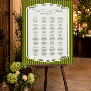 May include: A wedding seating chart sign on a wooden easel featuring a vertical olive green and dark green striped background. The center displays the text Our Favorite People, Harrison & Taylor, 03.23.20XX, and a list of sixteen tables.