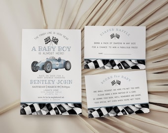 May include: Baby shower invitations and inserts with a racing theme. The main invitation features a light blue race car and the text "A Baby Boy is Almost Here!" with details. Additional cards include a diaper raffle and a request for books.