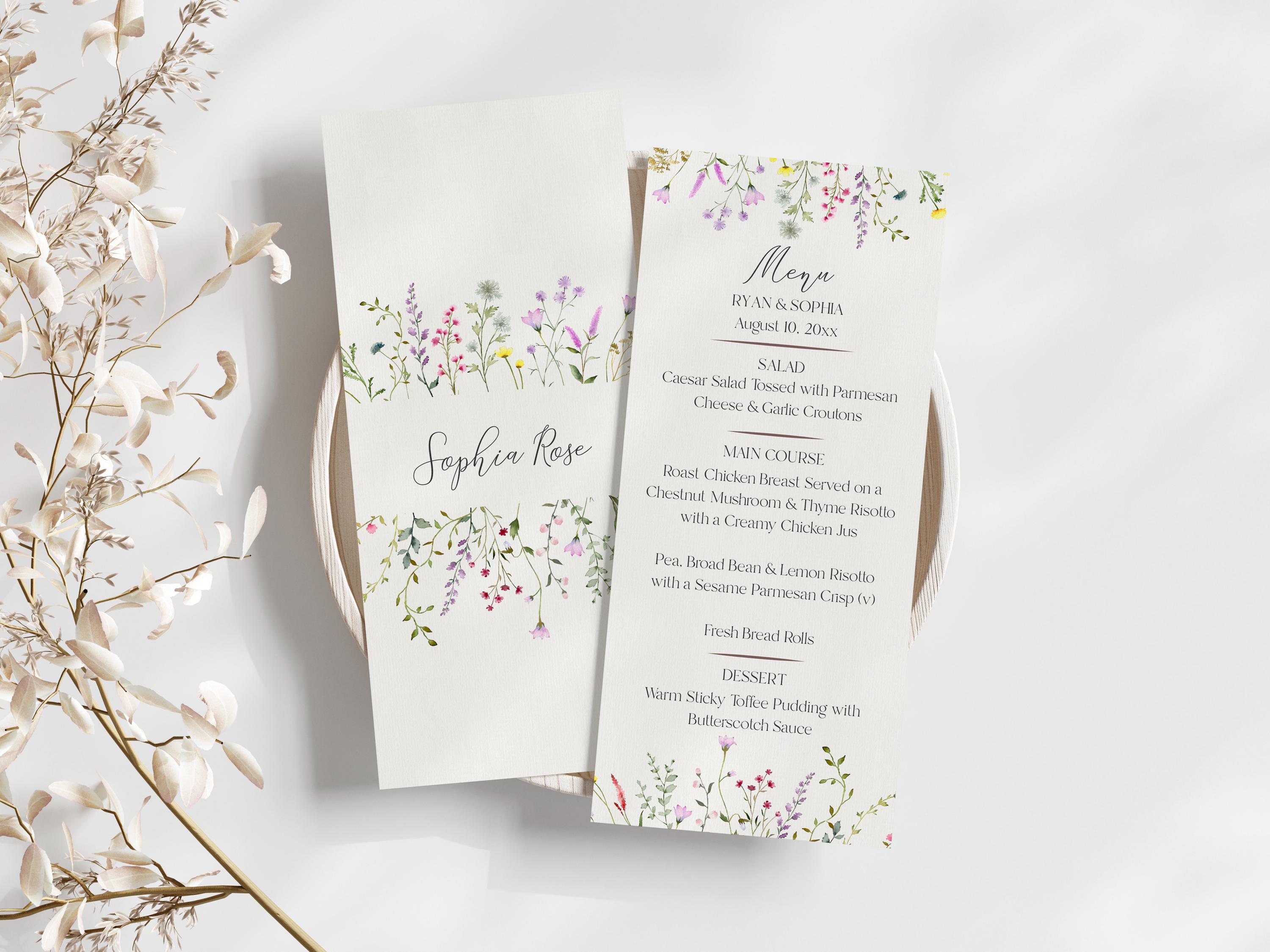 Delicate Wildflower Menu Cards, Watercolor Floral Boho Garden Party ...
