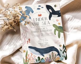 Under the Sea Birthday Invitation, Ocean Birthday Invite Girl Boy, Whale Sea Turtle Birthday Party Invite, Printed and Shipped, WP3024