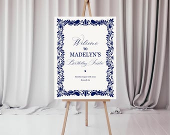 Blue Talavera Birthday Welcome Sign, Printed and Shipped, Fiesta Birthday Decor Sign, Spanish Mexican Tile Bday Welcome Sign, WP1018