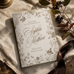 Fall Floral Toile Wedding Program, Vintage Floral Ceremony Program, Folded Order of Service, Moody Floral, Printed and Shipped, WP2019