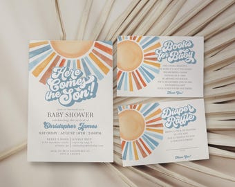 Here Comes The Son Baby Shower Invitation, Sunshine Baby Shower Invitation, Baby Boy Shower Invite Suite, Printed and Shipped, WP3008
