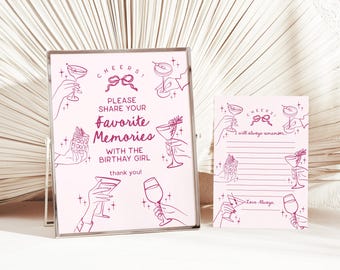 Puede incluir: Un conjunto de letrero rosa enmarcado y bloc de notas con ilustraciones de cócteles. El letrero dice "CHEERS! PLEASE SHARE YOUR Favorite Memories WITH THE BIRTHAY GIRL thank you!" El bloc de notas dice "I will always remember. Love Always."