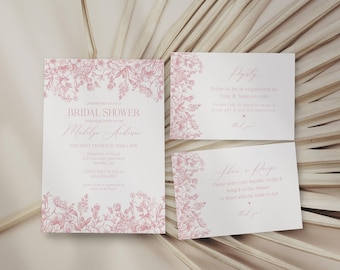 Pink Chinoiserie Bridal Shower Invitation, Chinoiserie Bridal Invite, English Garden Pink Toile Invite, Printed and Shipped, WP1010