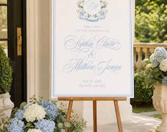Blue Hydrangea Wedding Welcome Sign, Dusty Blue Watercolor Welcome Sign, Printed Wedding Sign, Garden Party, Printed and Shipped, WP2004