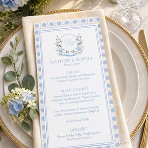 Blue Rattan Menu, Dusty Blue Hydrangea Dinner Menu, Printed Watercolor Wedding Menu Card, Garden Party, Printed and Shipped, WP2004