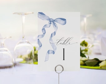 Blue Bow Table Numbers, Soft Blue Coquette Ribbon Bridal Shower Table Number Cards, Baby Shower Decor, Printed and Shipped, WP1031