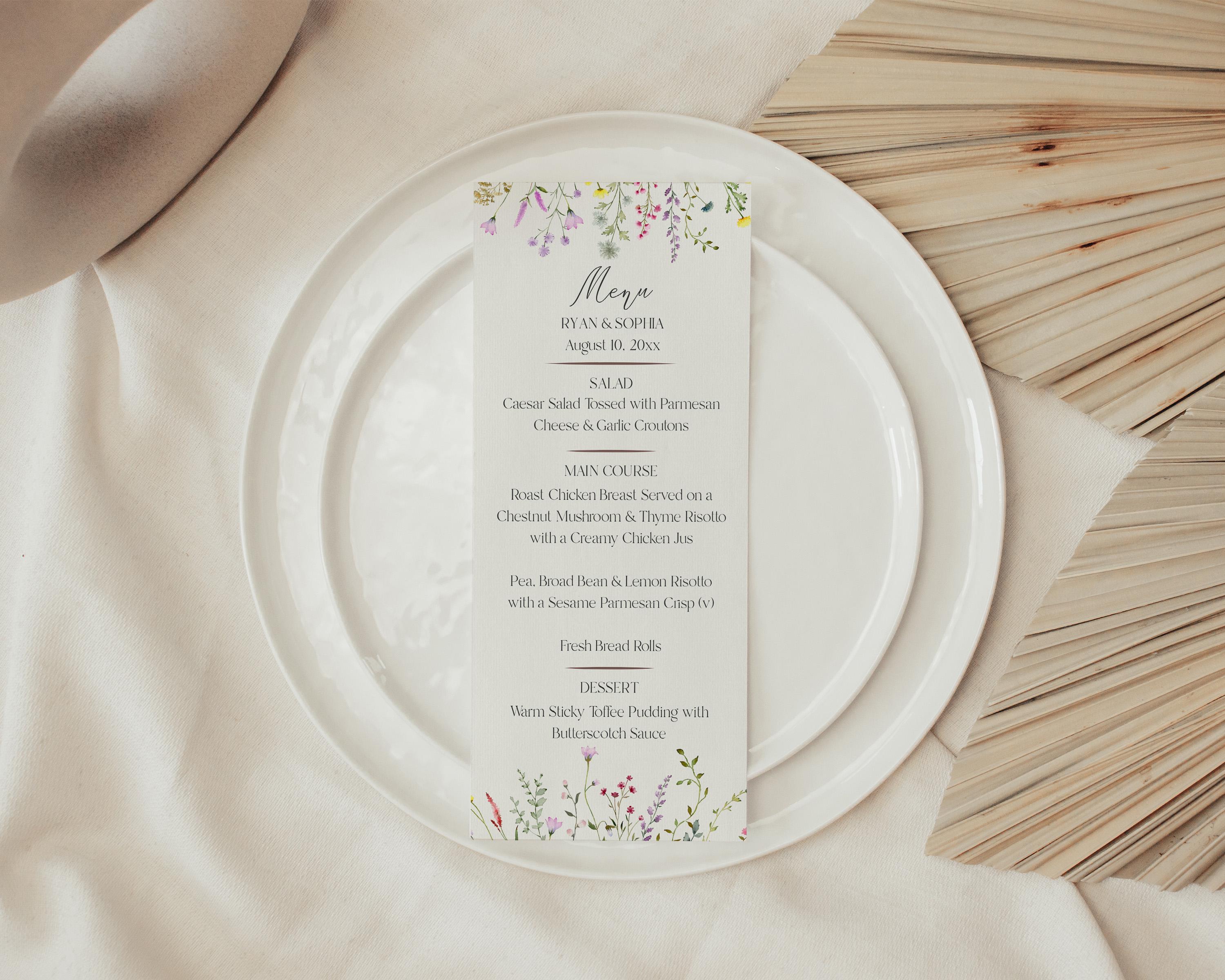 Delicate Wildflower Menu Cards, Watercolor Floral Boho Garden Party ...