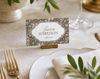 Brown Toile Place Cards, Chocolate Brown Wedding Escort Cards, French Country Guest Name Seating Cards, Printed and Shipped, WP2011-3