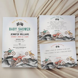 May include: Baby shower invitation set with a motocross theme. The invitation features text and watercolor illustrations of dirt bikes. Includes a diaper raffle card and a book request card.