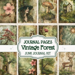 Old Forest Junk Journal Pages, aquarel sprookjesdagboek, natuurdieren scrapbooking, groen, fantasie vintage, heks vintage ephemera
