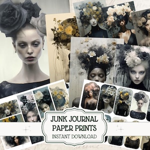 Flower Lady Portrait Journaling Papers Floral Surreal Dark Junk Journal Pages Card Making ATC Cards Stationary Ephemera Goth Witch Spring