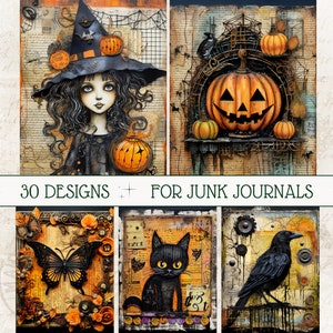 Little Witch Halloween Scrapbook Pages Kit Halloween Witchy Junk Journal Kit Black Cat ATC Cards Halloween Printables Journaling Supply