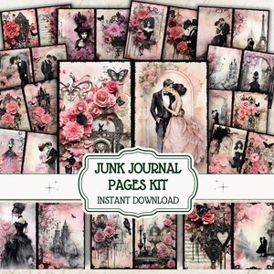 Gothic Valentine Set, Dark Love Junk Journal Kit, Gothic Journal Kit, Printable Paper, Digital Collage Sheet, Goth Digital Paper, Goth Pink
