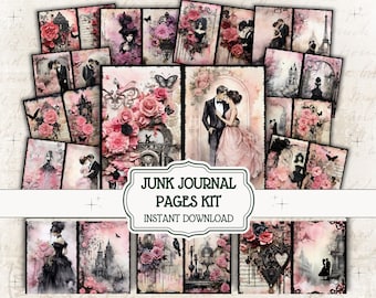 Gothic Valentine Set, Dark Love Junk Journal Kit, Gothic Journal Kit, Printable Paper, Digital Collage Sheet, Goth Digital Paper, Goth Pink