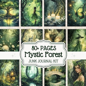 Mystic Forest-pagina's voor plakboek, sprookjesafvaldagboek, natuurdieren, groen, fantasie, afdrukbare afbeeldingen heks, digitaal papier in aquarelstijl