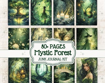 Mystic Forest Pages for Scrapbook, fairy junk journal, nature animals, green, fantasy,witch printable images, watercolor style digital paper