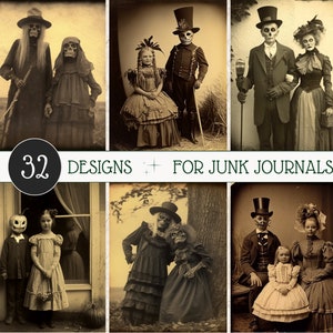 May include: A collage of nine vintage photographs featuring people dressed in costumes, including skeletons, ghosts, and other spooky characters. The images are perfect for adding a vintage Halloween feel to your projects.