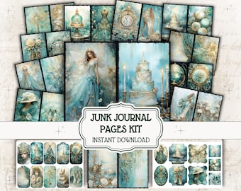 Junk journal Pages Turqoise Big Bundle Mixed Media Fairytale Vintage Carriage Flowers Victorian Ephemera Sheets Decoupage Papers Enchanted