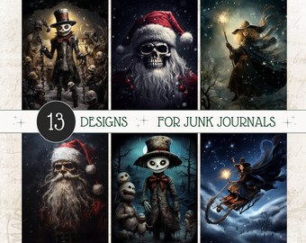 Dark Christmas Junk Journal Paper, Bad Santa Printables, Journaling Christmas Paper, Gothic Dark Scrapbook, Dark Academia Digital, Goth