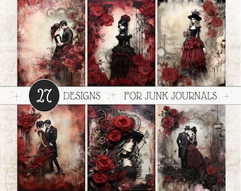Goth Red Romance Red Junk Journal Kit Gothic Ephemera Valentines Day Paper Red Vintage Goth Roses Scrapbook Pages Mixed Media Red Watercolor