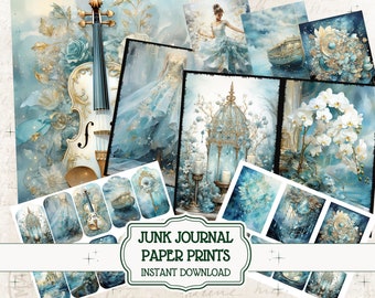 Fairytale junk journal Blue Junk Journal Pages Bundle Celestial Moon Journaling Paper Set Victorian Fussy Cuts Journal Pages Fairy Carriage