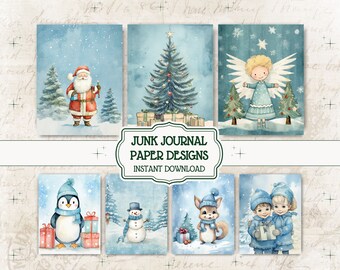 Junk Journal Paper Aquarelle Bleu Doux Noël Journal Papier Vacances Scrapbook Kit Bonhomme de neige imprimable Carte ATC Noël Ephemera Bleu