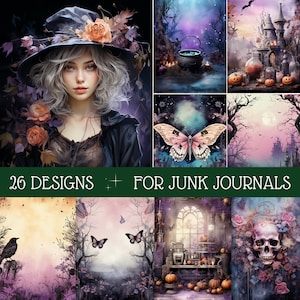 Purple Witch Halloween Junk Journal Kit, Mystery Printable Pages, Halloween, Goth Journal Supplies, Scrapbook Paper, Digital Ephemera Kit