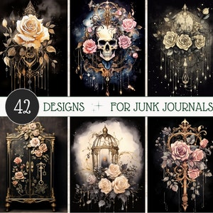 Golden Treasures Black Junk Journal Paper Decoupage Glam Printable Paper Mixed Media Dark Scrapbook Pages Swan Journaling Flowers ATC Cards