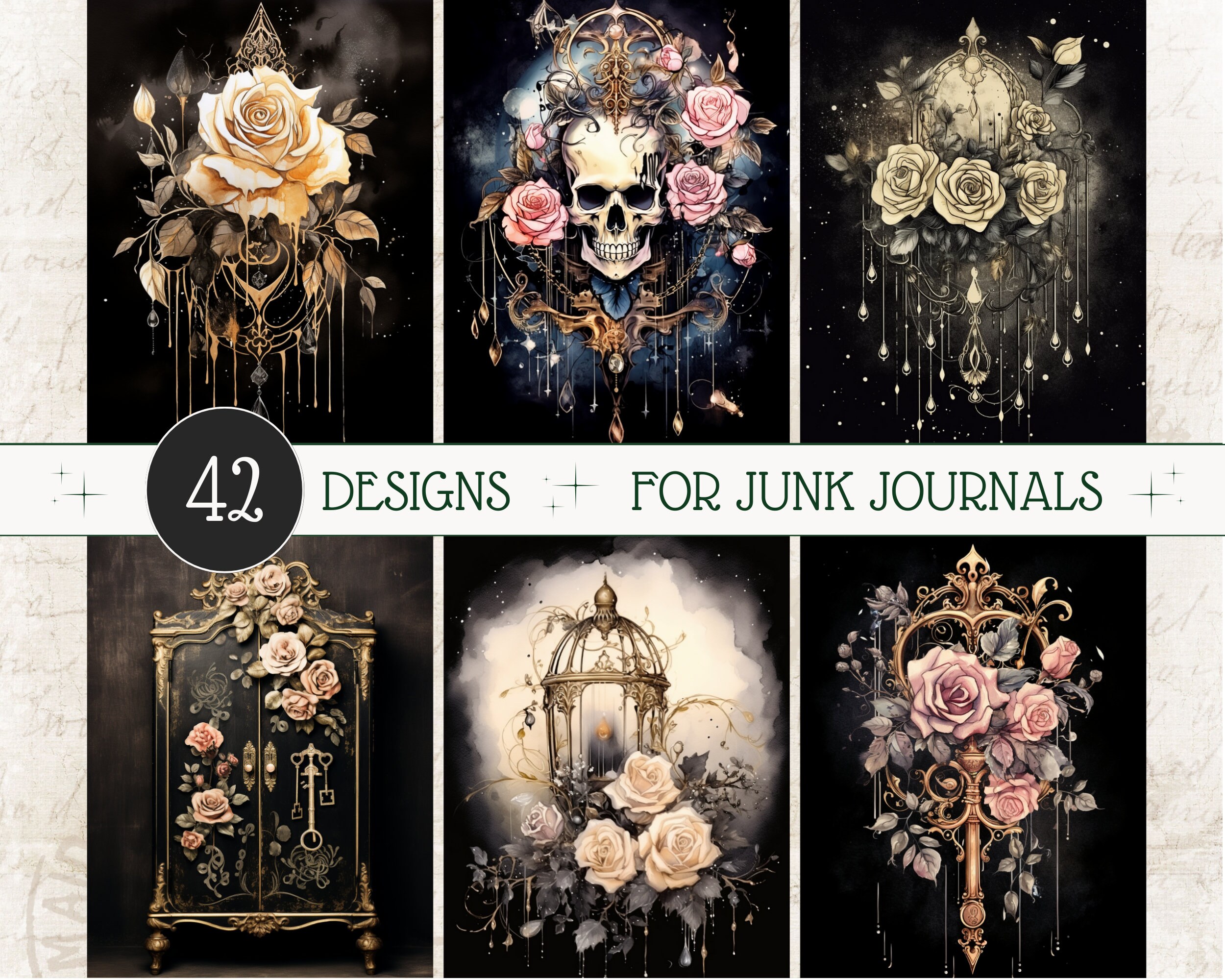 Golden Treasures Black Junk Journal Paper Decoupage Glam Printable Paper Mixed Media Dark Scrapbook Pages Swan Journaling Flowers ATC Cards