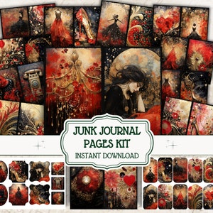 Junk Journal Rot Schwarz Bundle druckbare Crafting Kit Mixed Media Folio Scrapbook Papier Witchy Celestial Moon Gold ATC Karten digitaler Download