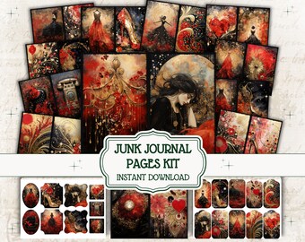 Junk Journal Red Black Bundle Printable Crafting Kit Mixed Media Folio Scrapbook Paper Witchy Celestial Moon Gold ATC Cards Digital Download