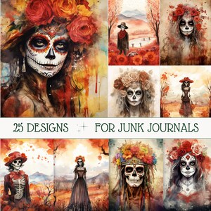 La Catrina Weiblicher Schädel Junk Journal Kit Witchy Printables Goth Mystery Scrapbook Kit Digital bedruckbare Seiten Halloween Journaling Covers