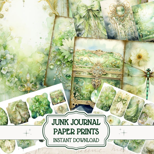 Big Bundle Green Junk Journal Paper Spring Scrapbook Supplies Mixed Media Forest Fairytale Ephemera Vintage Journaling Pages Kit Decoupages